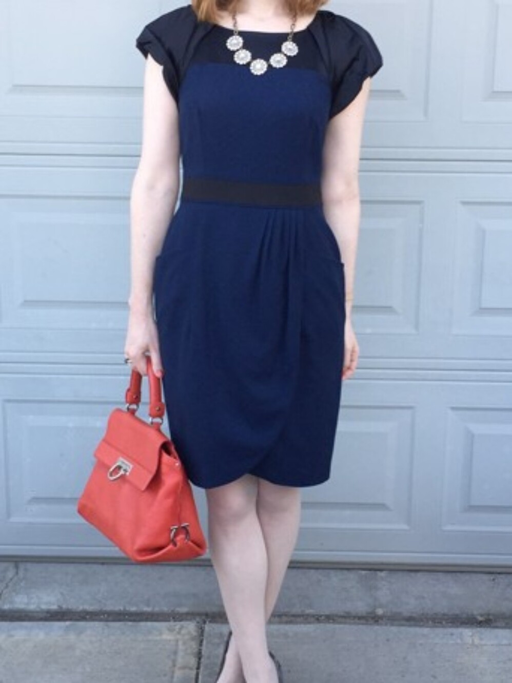 Vintage Club Monaco Black & Navy Wool Tulip Skirt Sheath Dress Office Maximalist